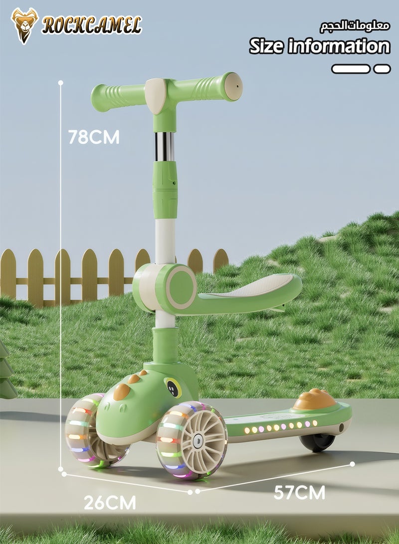 ROCKCAMEL 2 in 1 Kids Kick Scooter, Foldable Scooter with Music, LED Lighted Wheels and 4-Level Adjustable Height Handlebars, Widen Anti-Slip Deck, Sensitive Brakes, Kids Toys for Boys & Girls Ages 1-12, Green - Image 5